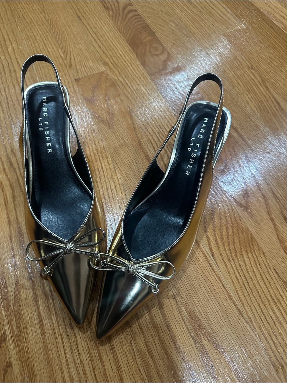 Marc Fisher Metallic Gold Pointed Slingback Mules with Bow Accent